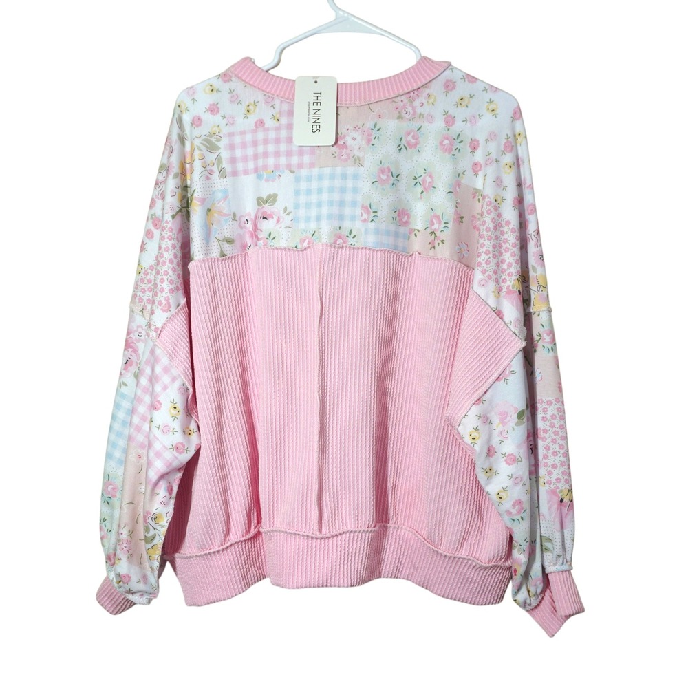 Haptics Oversized Floral Gingham Patchwork Sweatshirt Pink Waffle Back Small NEW - Picture 6 of 6